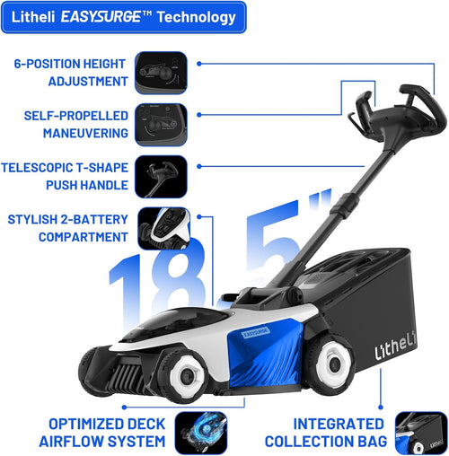 Litheli Easysurge Cordless Lawnmower Self-propelled, 2x 20V/43cm Electric Lawnmower Mulching, 6 Cutting Heights, 50L Grass Box, Battery Lawn Mower with 2x 4.0Ah Batteries